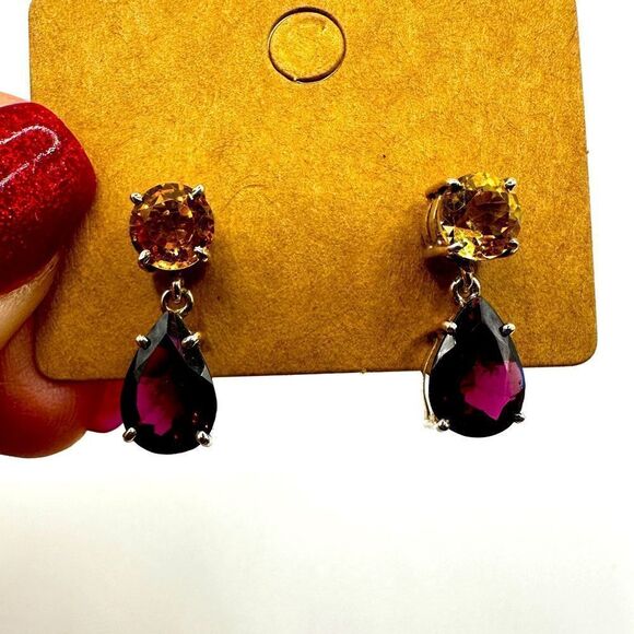 Genuine citrine and garnet dangle stud earrings in sterling silver! - Picture 1 of 10